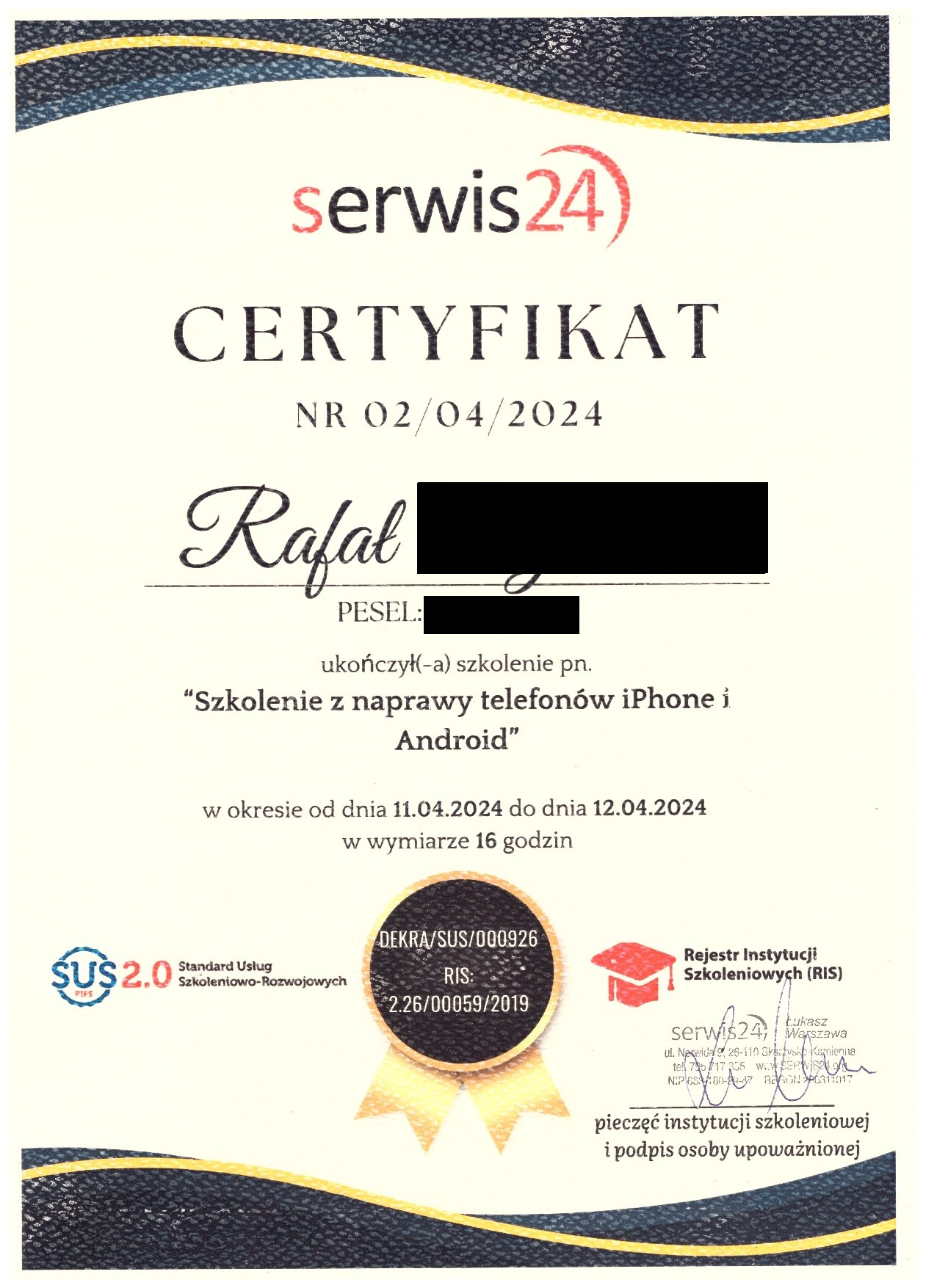 Certyfikat szkolenia z naprawy telefonów iPhone i Android — Mobilne Pogotowie Komputerowe