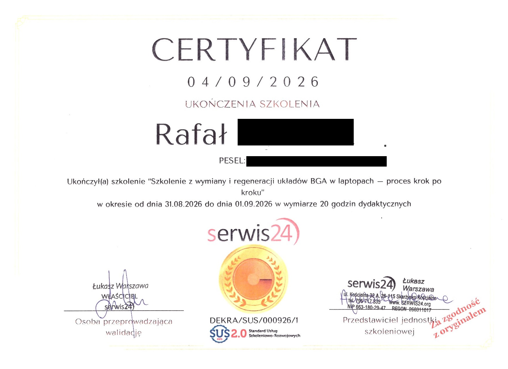 Certyfikat szkolenia BGA — Mobilne Pogotowie Komputerowe